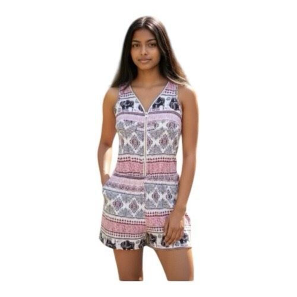 Women Pink Black Printed Half-Zip Sleeveless Jumpsuit Romper Size M Side Pockets